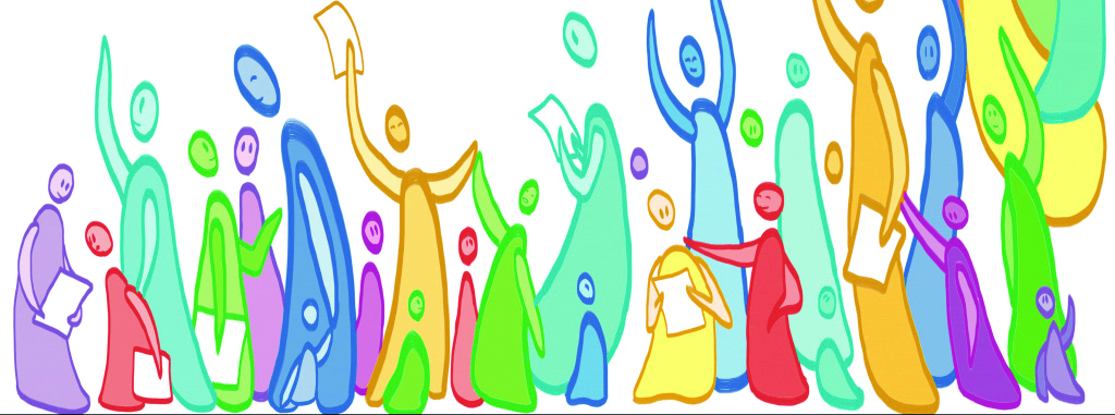 A digital image of cartoon-like blob people holding ballots. The people are all depicted in single colors, such as red, yellow, green, blue, and purple.