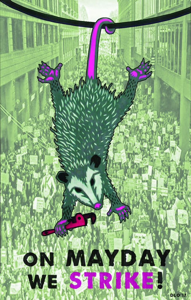 A vintage photograph of thousands of people protesting in the street. On top of that photograph is a digital image of a possum hanging from a wire, holding a wrench. Beneath the possum reads the words, "On Mayday we strike!"